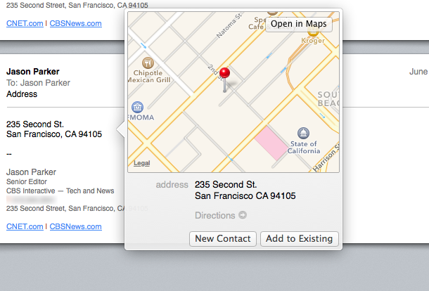 Quando você recebe um endereço no aplicativo Mail, o Mac irá reconhecê-lo e dar-lhe a opção de vê-lo em um mini mapa. Clique novamente para ir para o aplicativo Maps.