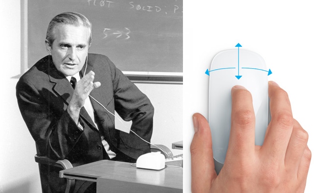 Esquerda: Douglas Engelbart C com um mouse de computador no início de 1968 (Foto via SRI International). Direita: o Magic Mouse da Apple, lançado em 2009.
